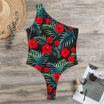 Tropical Hibiscus Leaves Pattern Print One Shoulder Bodysuit