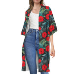 Tropical Hibiscus Leaves Pattern Print Open Front Beach Cover Up