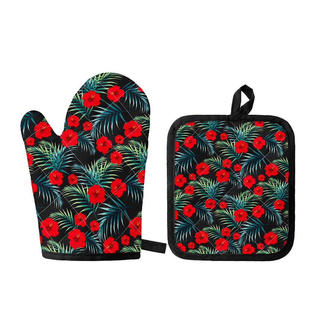 Tropical Hibiscus Leaves Pattern Print Oven Mitt And Pot Holder Set
