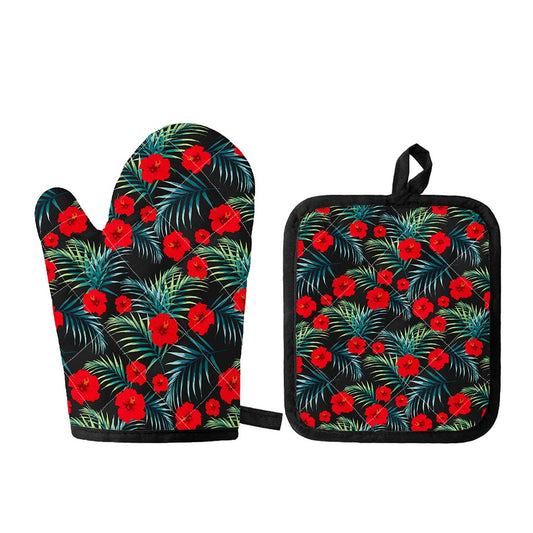 Tropical Hibiscus Leaves Pattern Print Oven Mitt And Pot Holder Set