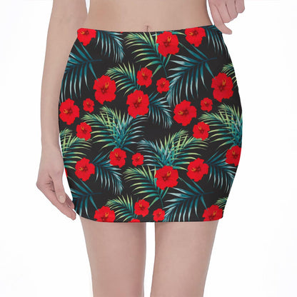 Tropical Hibiscus Leaves Pattern Print Pencil Mini Skirt