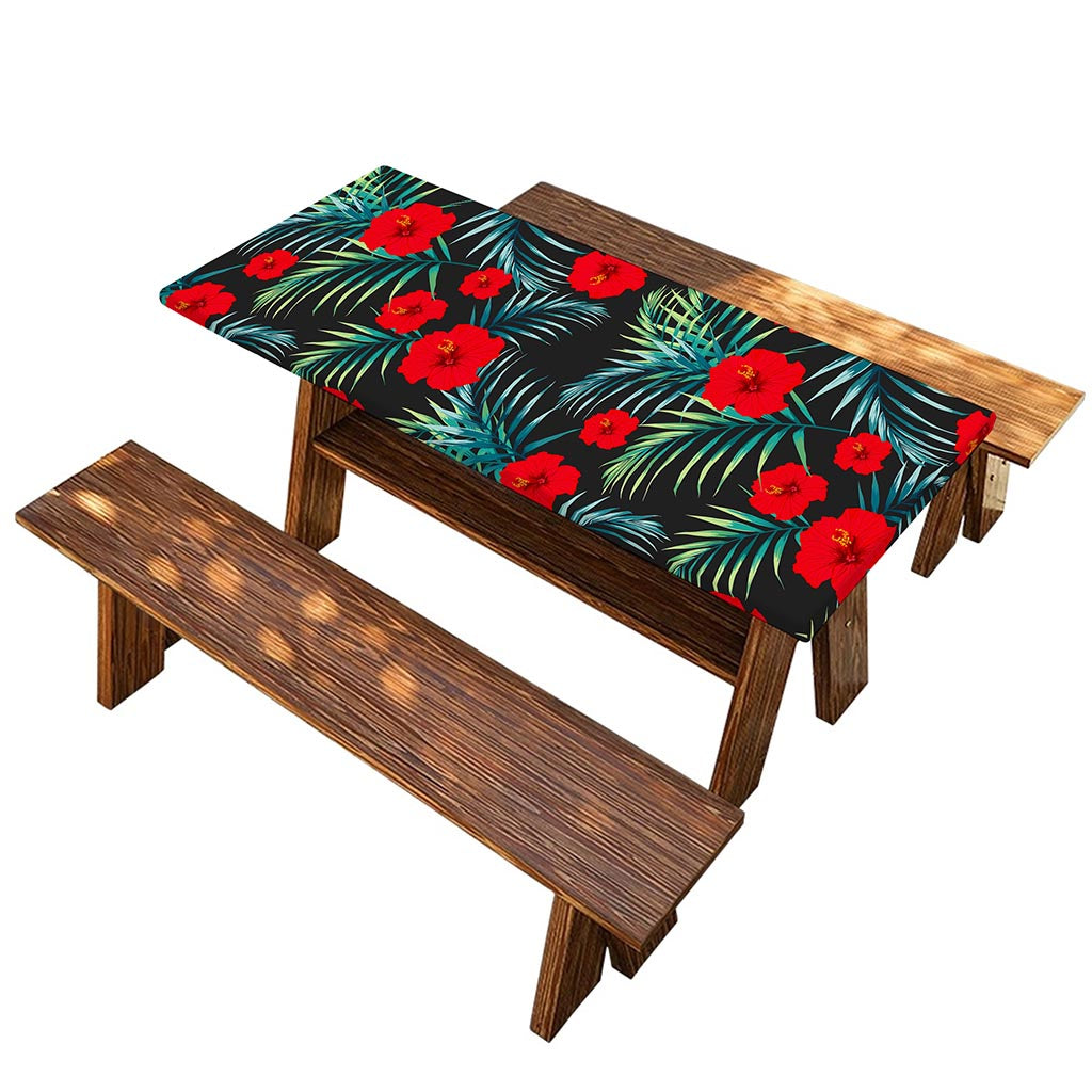 Tropical Hibiscus Leaves Pattern Print Picnic Table Cover