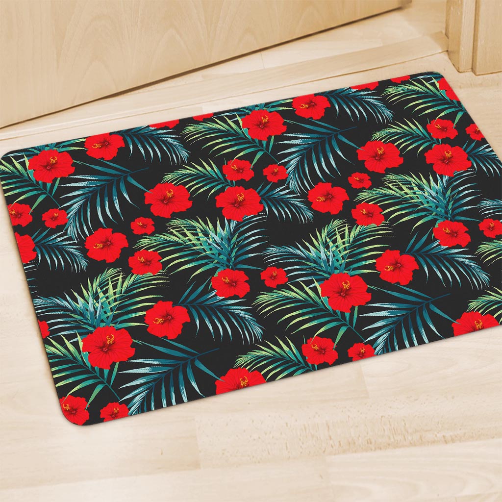 Tropical Hibiscus Leaves Pattern Print Polyester Doormat