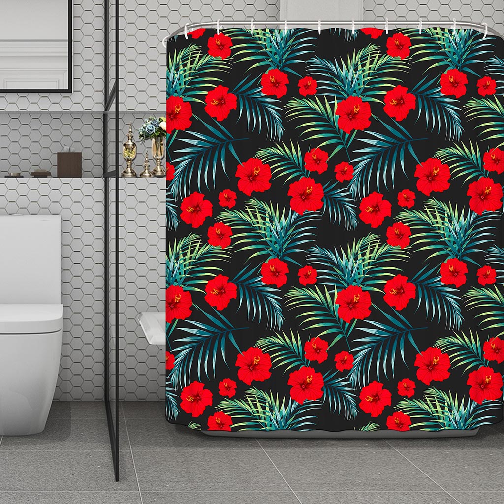 Tropical Hibiscus Leaves Pattern Print Polyester Shower Curtain