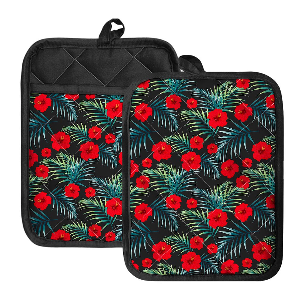 Tropical Hibiscus Leaves Pattern Print Pot Holders With Pocket