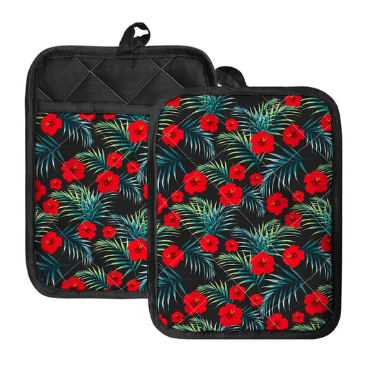 Tropical Hibiscus Leaves Pattern Print Pot Holders With Pocket