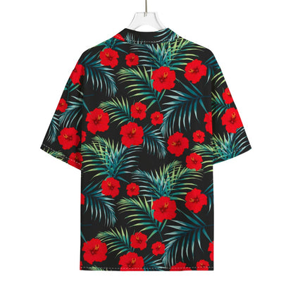 Tropical Hibiscus Leaves Pattern Print Rayon Hawaiian Shirt