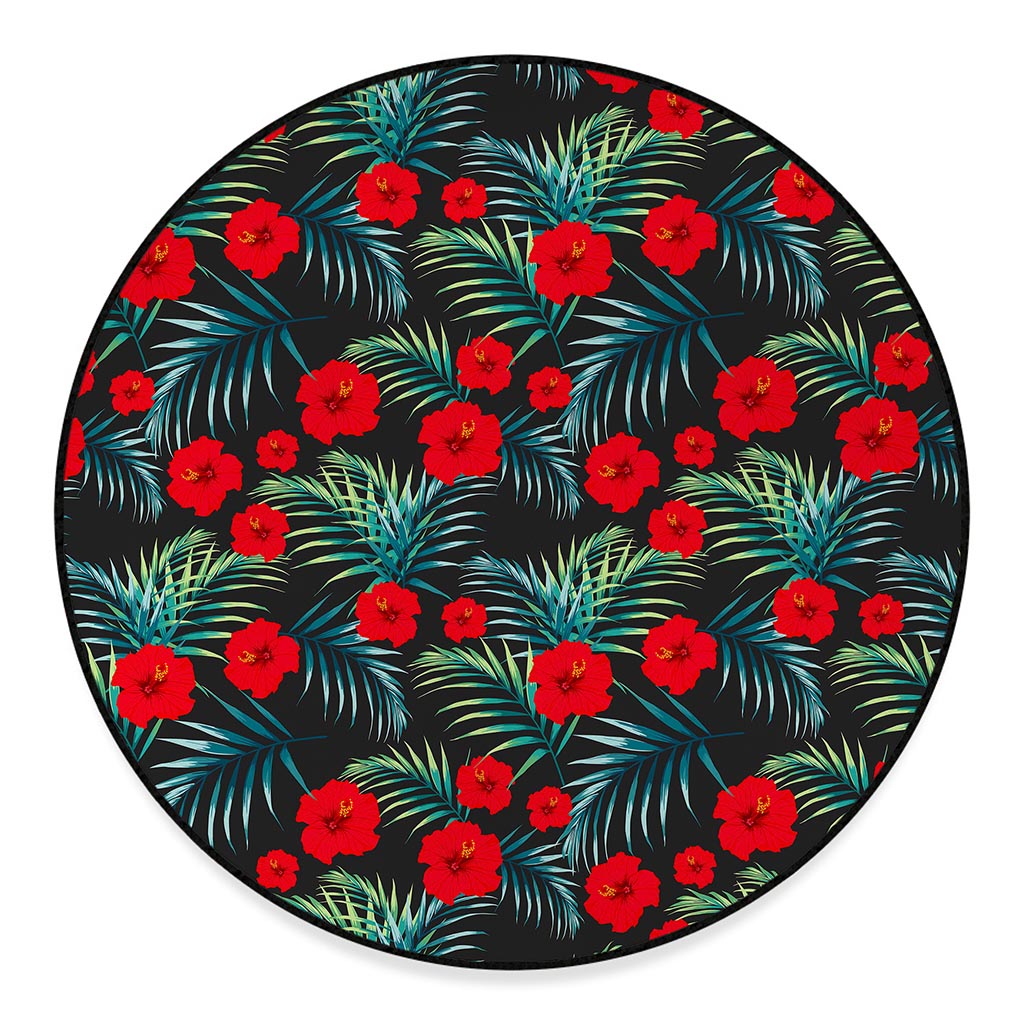 Tropical Hibiscus Leaves Pattern Print Round Floor Mat