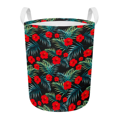 Tropical Hibiscus Leaves Pattern Print Round Laundry Basket