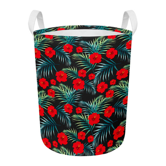 Tropical Hibiscus Leaves Pattern Print Round Laundry Basket