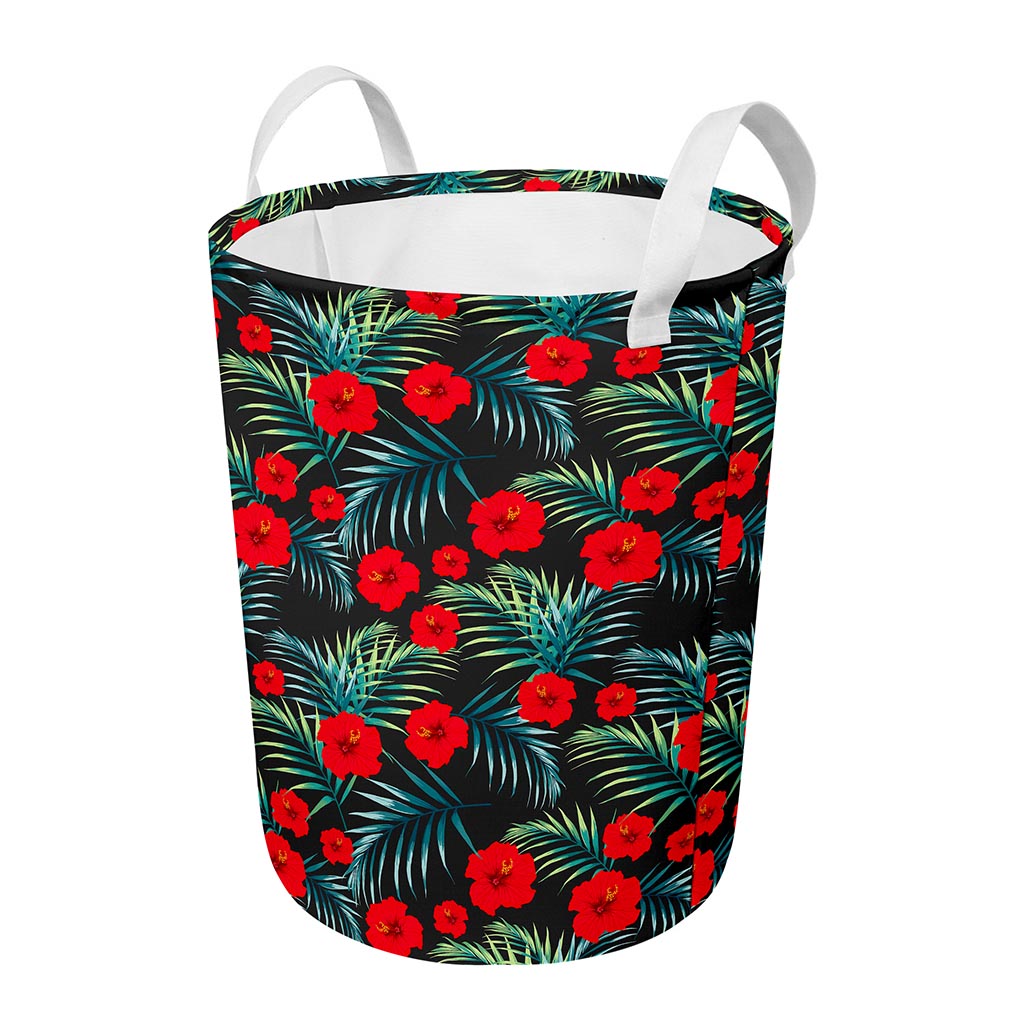Tropical Hibiscus Leaves Pattern Print Round Laundry Basket