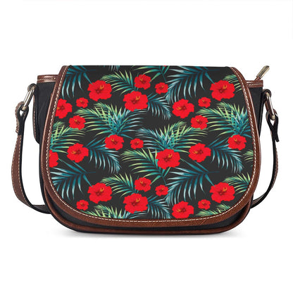 Tropical Hibiscus Leaves Pattern Print Saddle Bag