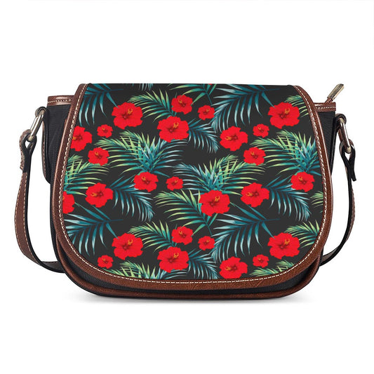 Tropical Hibiscus Leaves Pattern Print Saddle Bag