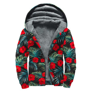 Tropical Hibiscus Leaves Pattern Print Sherpa Lined Zip Up Hoodie