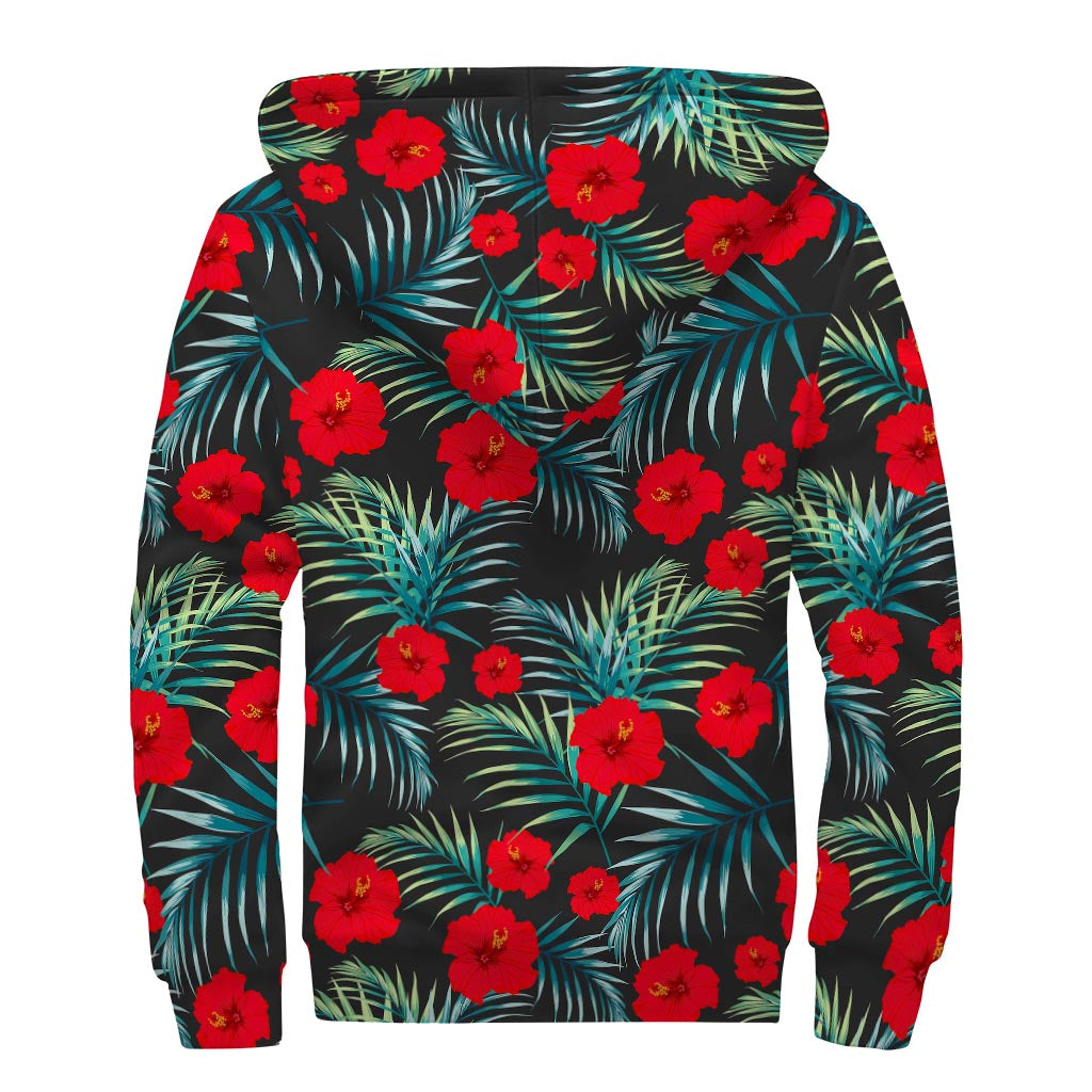 Tropical Hibiscus Leaves Pattern Print Sherpa Lined Zip Up Hoodie