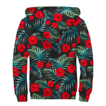 Tropical Hibiscus Leaves Pattern Print Sherpa Lined Zip Up Hoodie