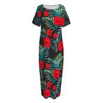 Tropical Hibiscus Leaves Pattern Print Short Sleeve Long Nightdress