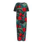 Tropical Hibiscus Leaves Pattern Print Short Sleeve Long Nightdress