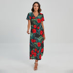 Tropical Hibiscus Leaves Pattern Print Short Sleeve Maxi Dress
