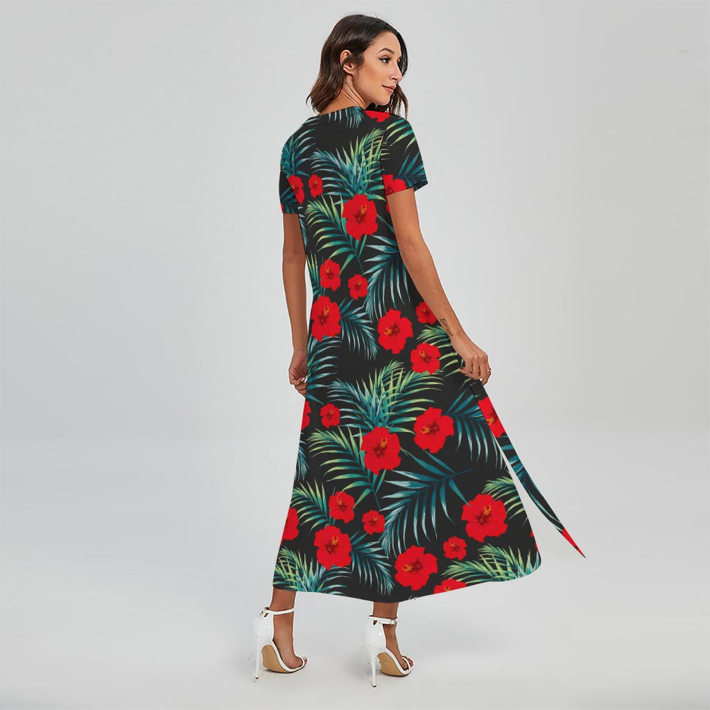 Tropical Hibiscus Leaves Pattern Print Short Sleeve Maxi Dress