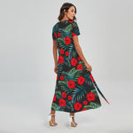 Tropical Hibiscus Leaves Pattern Print Short Sleeve Maxi Dress