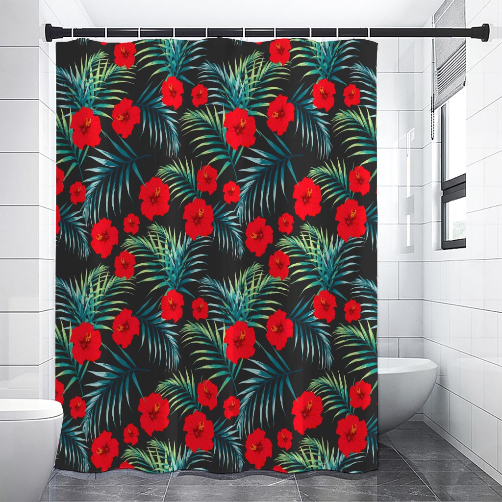 Tropical Hibiscus Leaves Pattern Print Shower Curtain