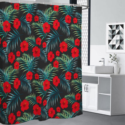 Tropical Hibiscus Leaves Pattern Print Shower Curtain