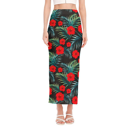 Tropical Hibiscus Leaves Pattern Print Side Slit Maxi Skirt