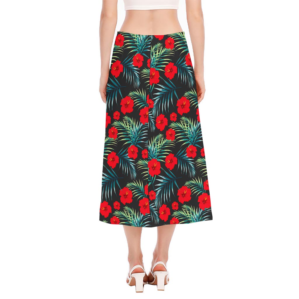 Tropical Hibiscus Leaves Pattern Print Side Slit Midi Skirt