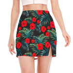 Tropical Hibiscus Leaves Pattern Print Side Slit Mini Skirt