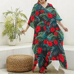 Tropical Hibiscus Leaves Pattern Print Silk V-Neck Kaftan Dress