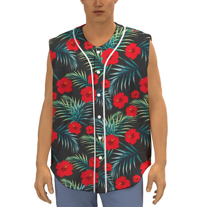 Tropical Hibiscus Leaves Pattern Print Sleeveless Baseball Jersey