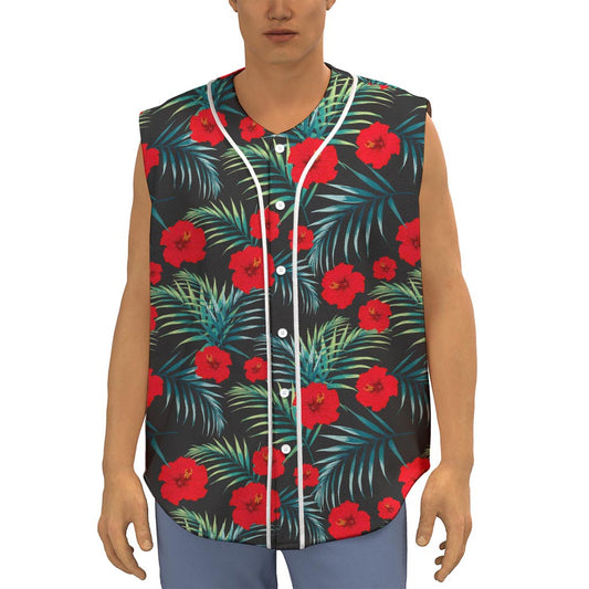Tropical Hibiscus Leaves Pattern Print Sleeveless Baseball Jersey