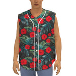 Tropical Hibiscus Leaves Pattern Print Sleeveless Baseball Jersey