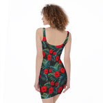 Tropical Hibiscus Leaves Pattern Print Sleeveless Bodycon Dress