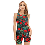 Tropical Hibiscus Leaves Pattern Print Sleeveless One Piece Swimsuit