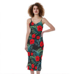 Tropical Hibiscus Leaves Pattern Print Slim Fit Midi Cami Dress