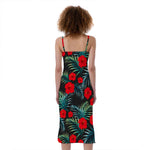 Tropical Hibiscus Leaves Pattern Print Slim Fit Midi Cami Dress
