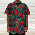 Tropical Hibiscus Leaves Pattern Print Textured Short Sleeve Shirt