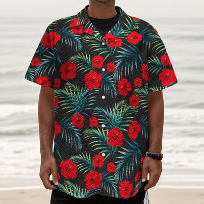 Tropical Hibiscus Leaves Pattern Print Textured Short Sleeve Shirt