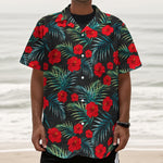 Tropical Hibiscus Leaves Pattern Print Textured Short Sleeve Shirt