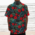 Tropical Hibiscus Leaves Pattern Print Textured Short Sleeve Shirt