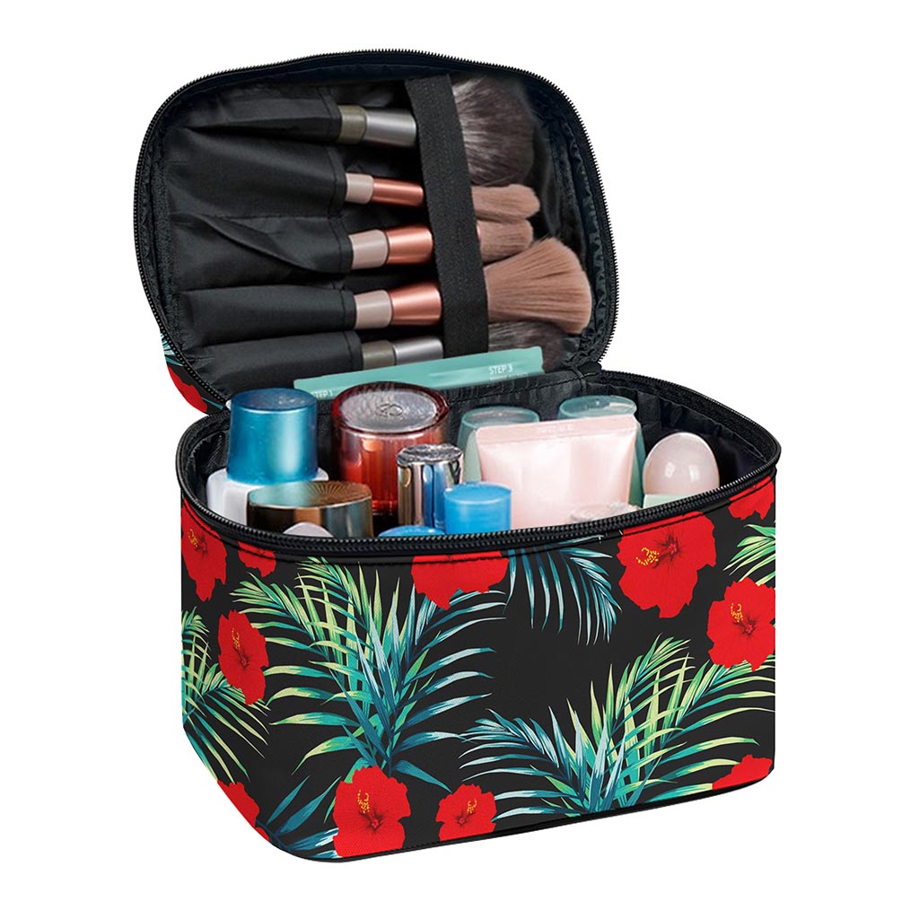 Tropical Hibiscus Leaves Pattern Print Travel Makeup Bag