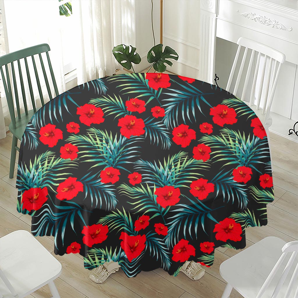 Tropical Hibiscus Leaves Pattern Print Waterproof Round Tablecloth