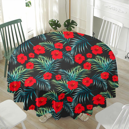Tropical Hibiscus Leaves Pattern Print Waterproof Round Tablecloth