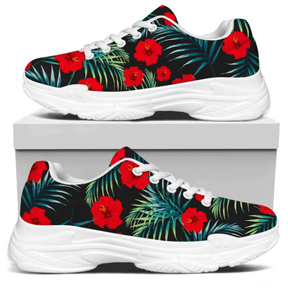 Tropical Hibiscus Leaves Pattern Print White Chunky Shoes