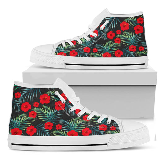 Tropical Hibiscus Leaves Pattern Print White High Top Sneakers