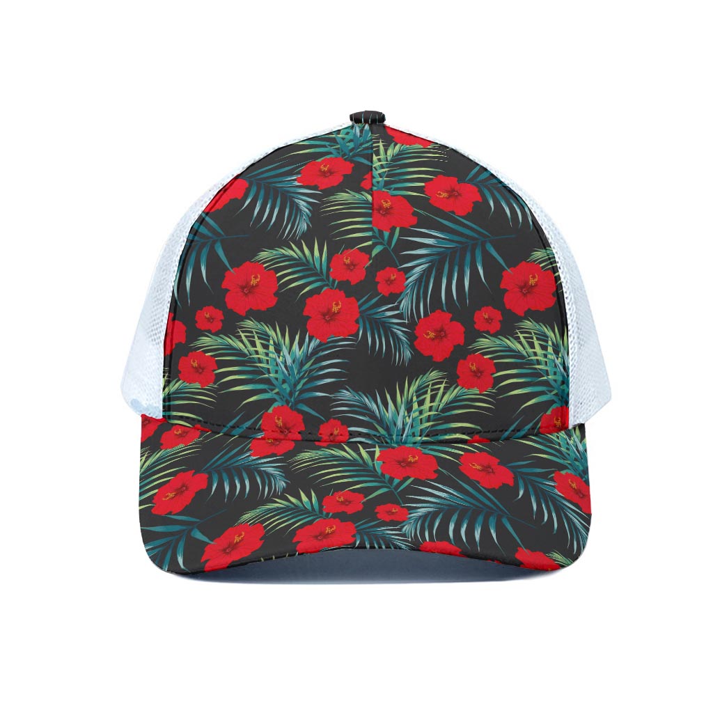 Tropical Hibiscus Leaves Pattern Print White Mesh Trucker Cap