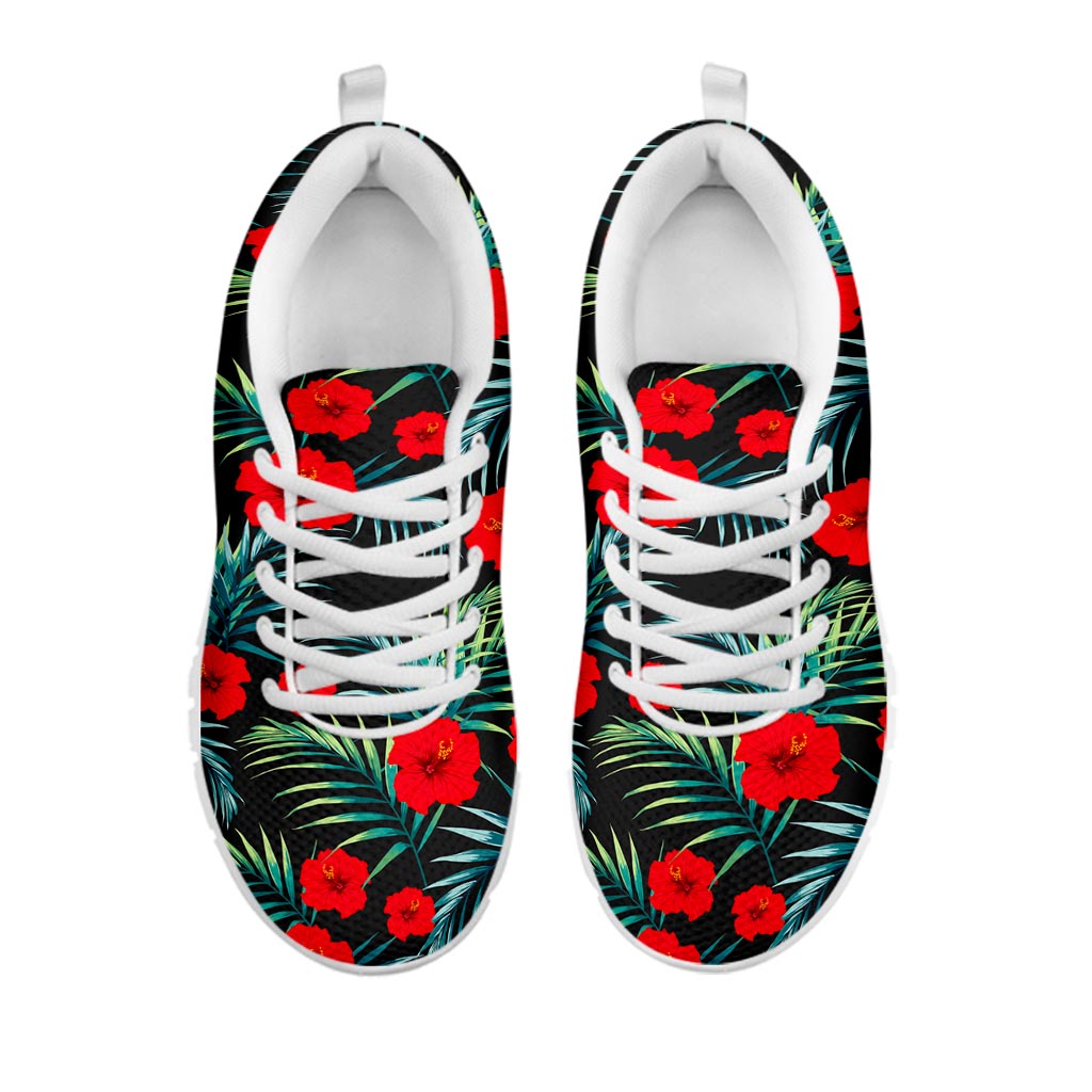 Tropical Hibiscus Leaves Pattern Print White Running Shoes
