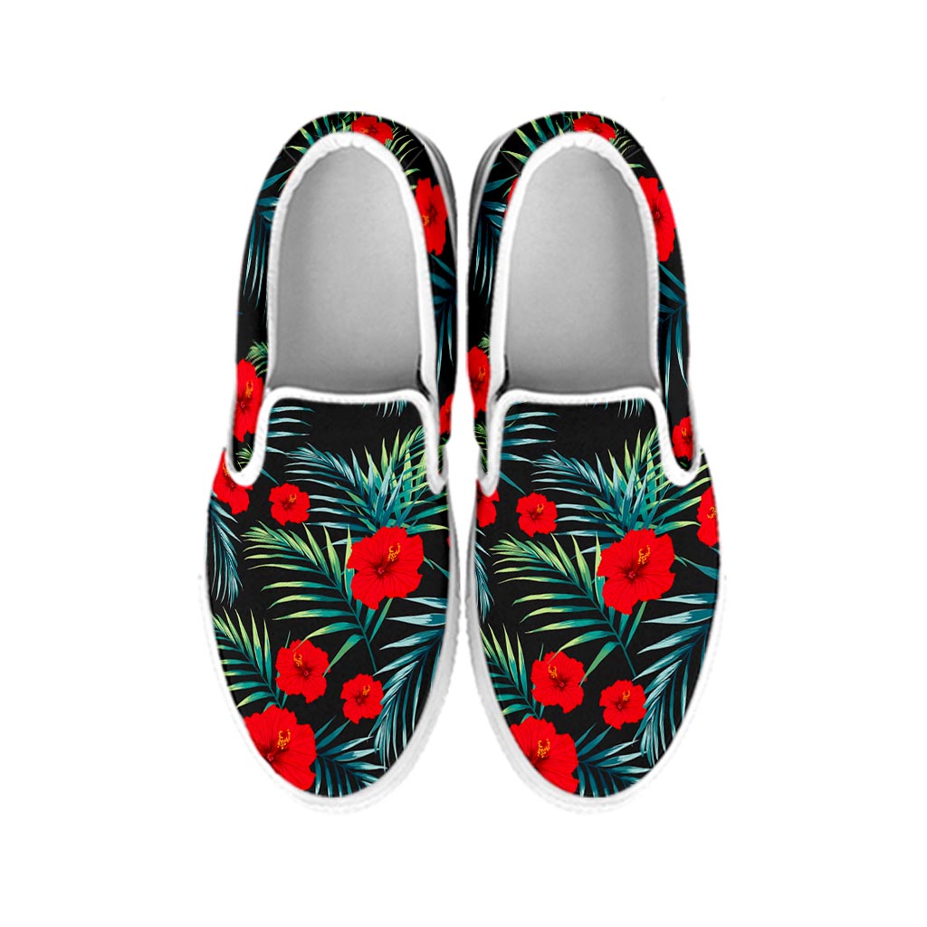 Tropical Hibiscus Leaves Pattern Print White Slip On Sneakers